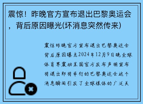 震惊！昨晚官方宣布退出巴黎奥运会，背后原因曝光(坏消息突然传来)